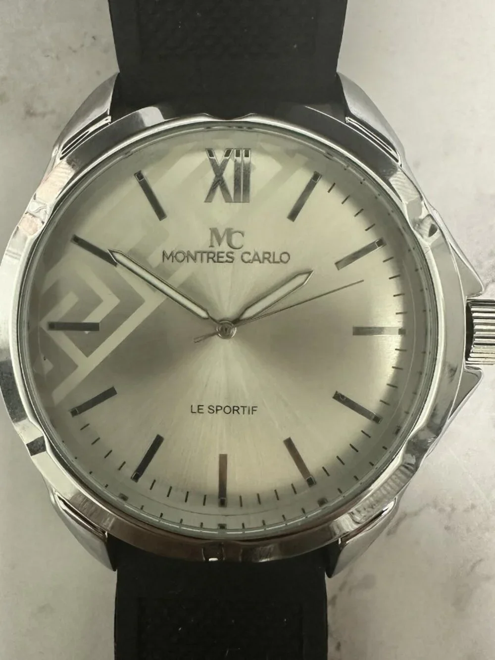 Montres Carlo Watch Men Silver Tone Black Silicone Band 50MM New Battery 10
